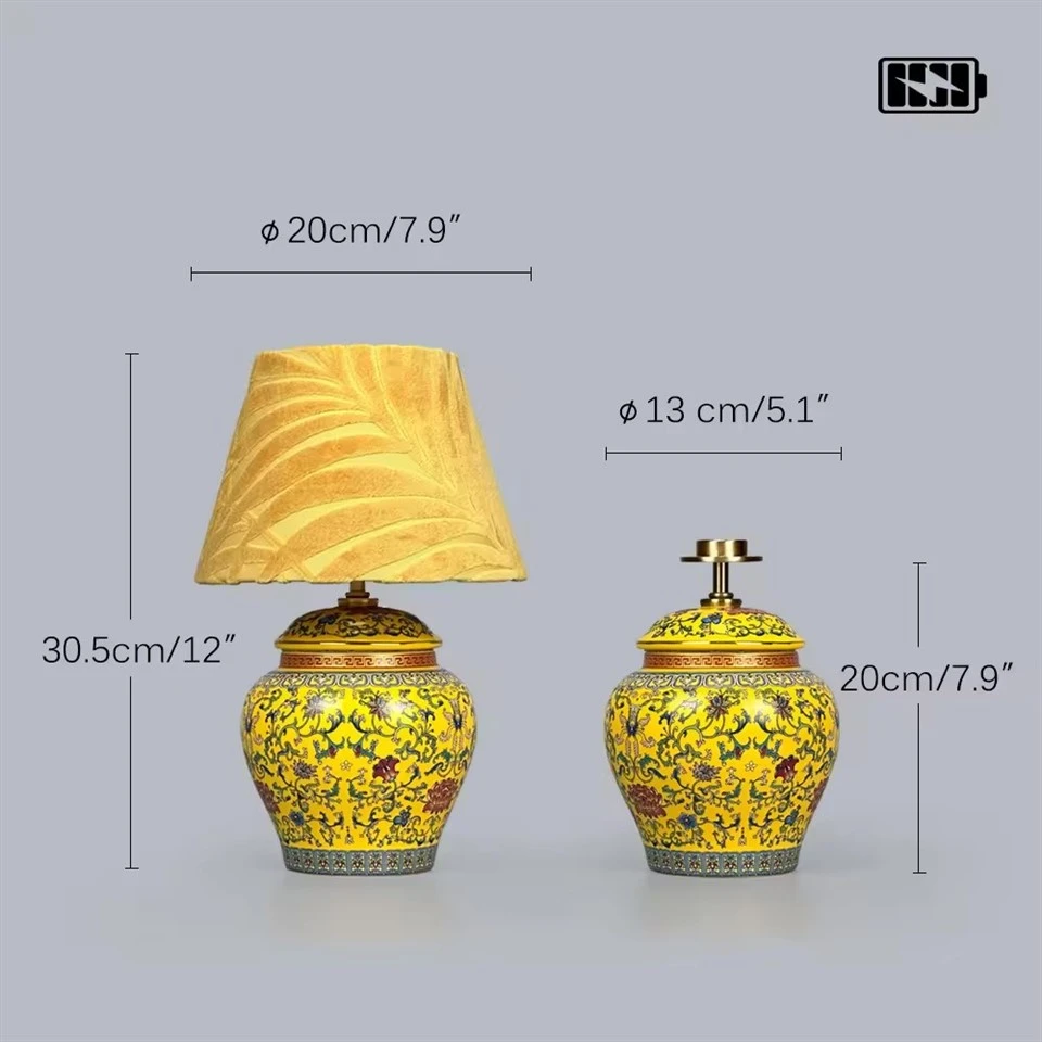 Rechargeable Ceramic Table Lamp Yellow-and-blue Porcelain Fabric Lampshade factory